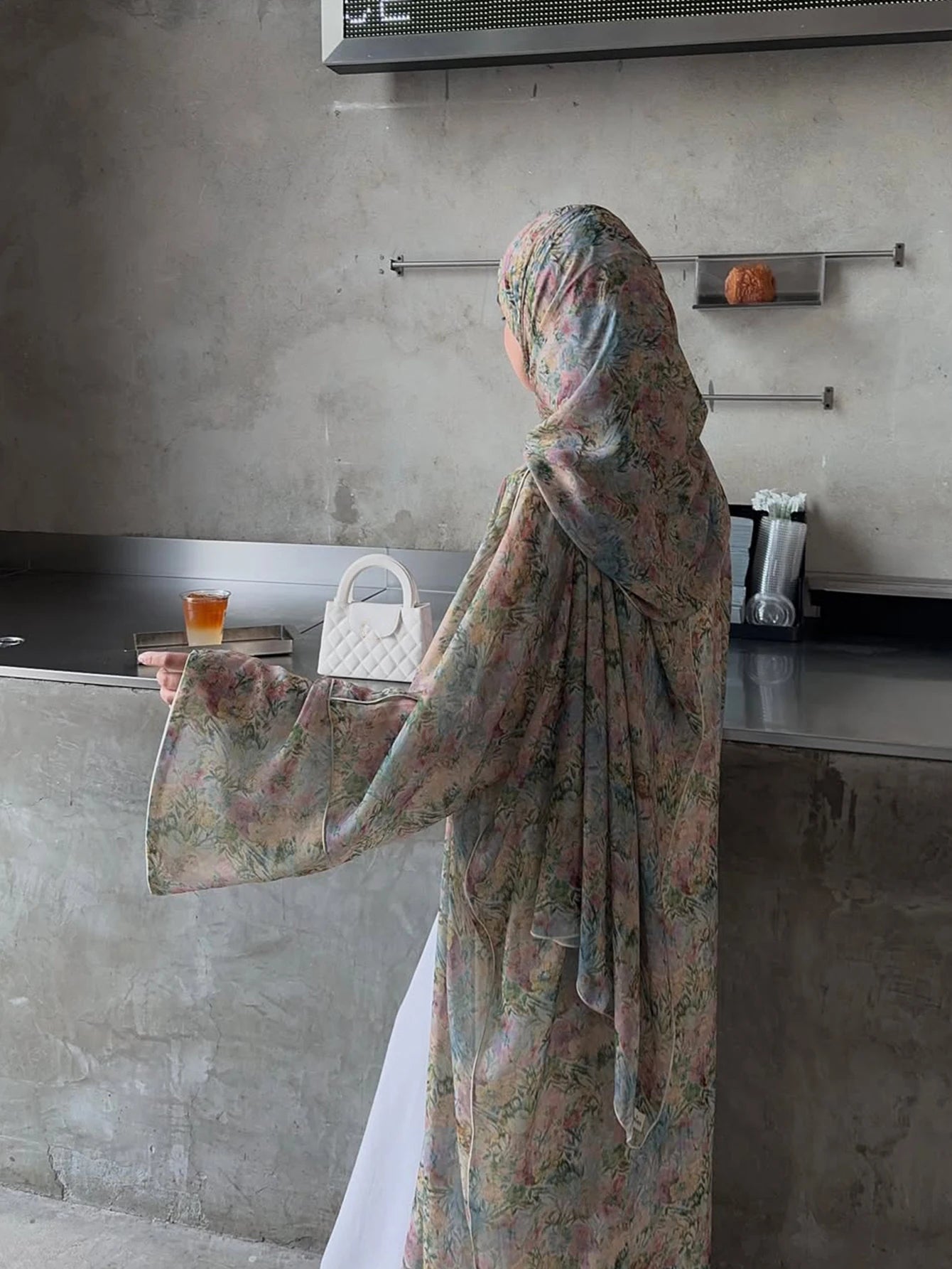 Floral Print Abaya Robe with Headscarf