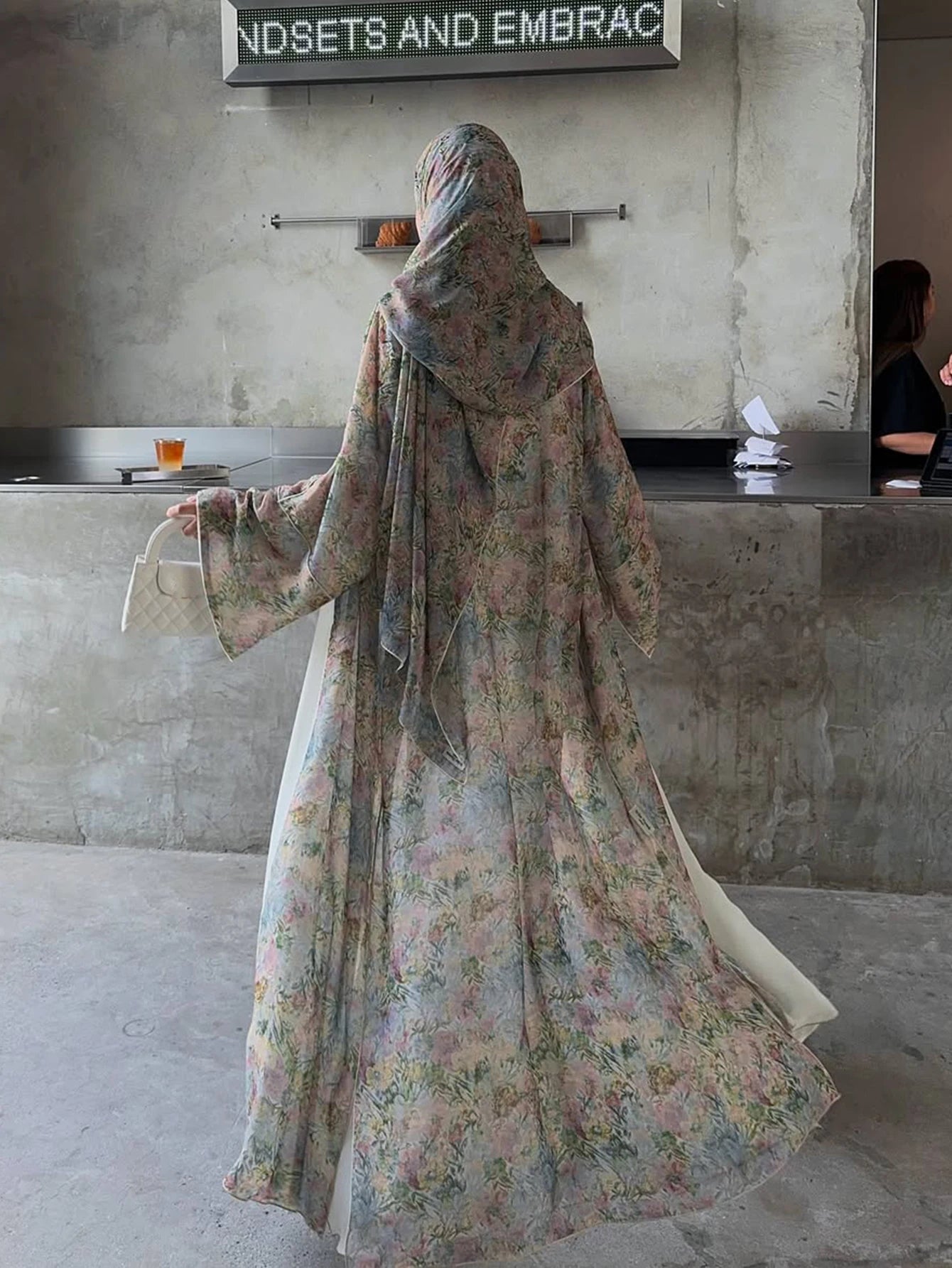 Floral Print Abaya Robe with Headscarf